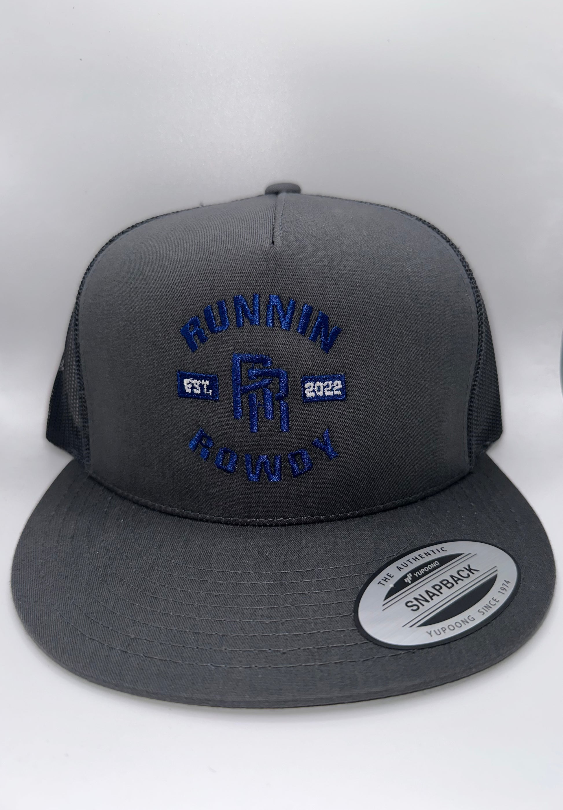 Grey Snapback hat with dark blue writing