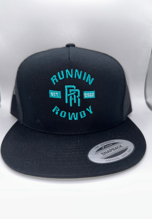 Black Snapback hat with blue Runnin Rowdy 